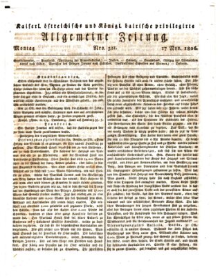 Kaiserlich- und Kurpfalzbairisch privilegirte allgemeine Zeitung (Allgemeine Zeitung) Montag 17. November 1806