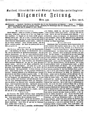 Kaiserlich- und Kurpfalzbairisch privilegirte allgemeine Zeitung (Allgemeine Zeitung) Donnerstag 4. Dezember 1806