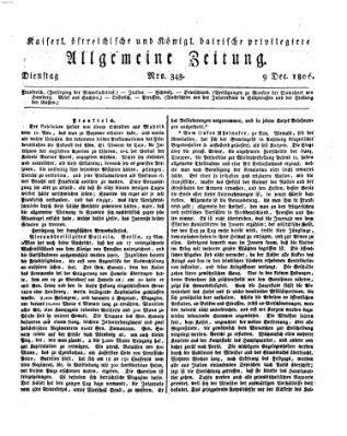 Kaiserlich- und Kurpfalzbairisch privilegirte allgemeine Zeitung (Allgemeine Zeitung) Dienstag 9. Dezember 1806