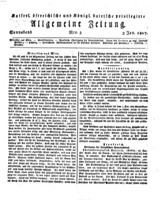 Kaiserlich- und Kurpfalzbairisch privilegirte allgemeine Zeitung (Allgemeine Zeitung) Samstag 3. Januar 1807