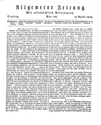 Allgemeine Zeitung Dienstag 17. April 1810