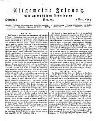 Allgemeine Zeitung Dienstag 2. August 1814