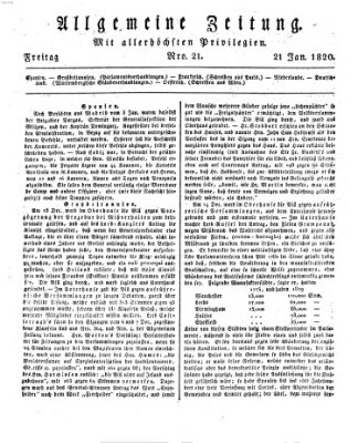 Allgemeine Zeitung Freitag 21. Januar 1820