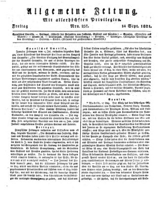 Allgemeine Zeitung Freitag 14. September 1821