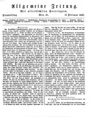 Allgemeine Zeitung Donnerstag 16. Februar 1826