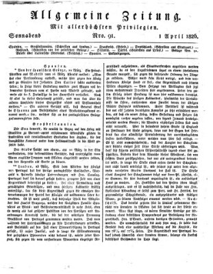 Allgemeine Zeitung Samstag 1. April 1826