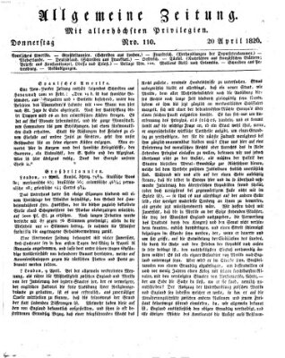 Allgemeine Zeitung Donnerstag 20. April 1826