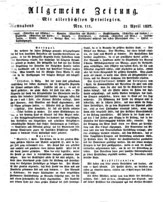 Allgemeine Zeitung Samstag 21. April 1827