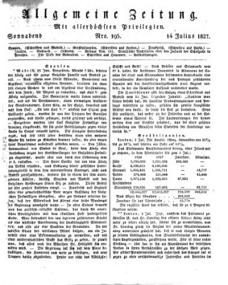 Allgemeine Zeitung Samstag 14. Juli 1827