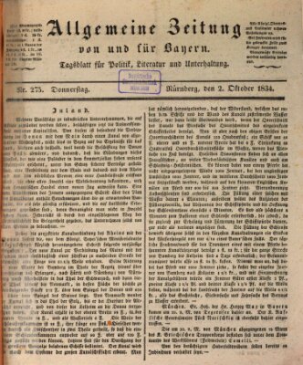 Allgemeine Zeitung von und für Bayern (Fränkischer Kurier) Donnerstag 2. Oktober 1834