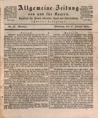 Allgemeine Zeitung von und für Bayern (Fränkischer Kurier) Montag 16. Februar 1835