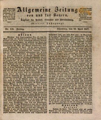 Allgemeine Zeitung von und für Bayern (Fränkischer Kurier) Freitag 28. April 1837