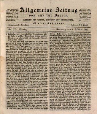 Allgemeine Zeitung von und für Bayern (Fränkischer Kurier) Montag 2. Oktober 1837