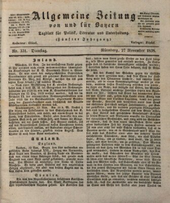 Allgemeine Zeitung von und für Bayern (Fränkischer Kurier) Dienstag 27. November 1838