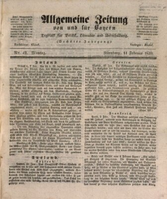 Allgemeine Zeitung von und für Bayern (Fränkischer Kurier) Montag 11. Februar 1839