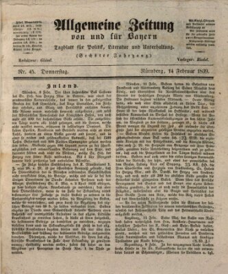 Allgemeine Zeitung von und für Bayern (Fränkischer Kurier) Donnerstag 14. Februar 1839