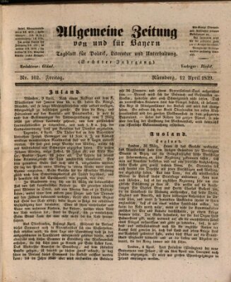 Allgemeine Zeitung von und für Bayern (Fränkischer Kurier) Freitag 12. April 1839