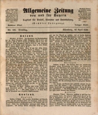 Allgemeine Zeitung von und für Bayern (Fränkischer Kurier) Dienstag 16. April 1839