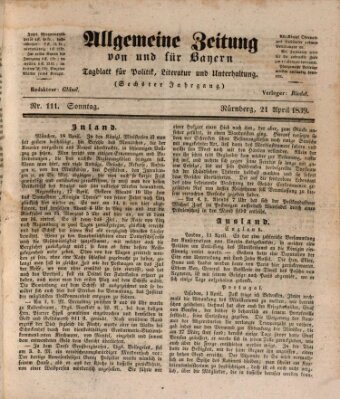 Allgemeine Zeitung von und für Bayern (Fränkischer Kurier) Sonntag 21. April 1839