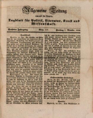 Allgemeine Zeitung von und für Bayern (Fränkischer Kurier) Freitag 1. November 1839