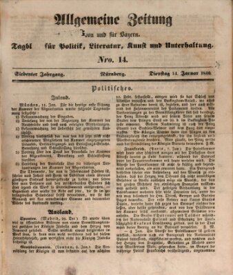 Allgemeine Zeitung von und für Bayern (Fränkischer Kurier) Dienstag 14. Januar 1840