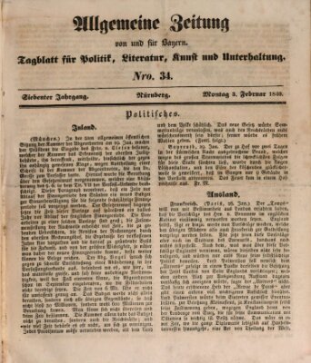 Allgemeine Zeitung von und für Bayern (Fränkischer Kurier) Montag 3. Februar 1840