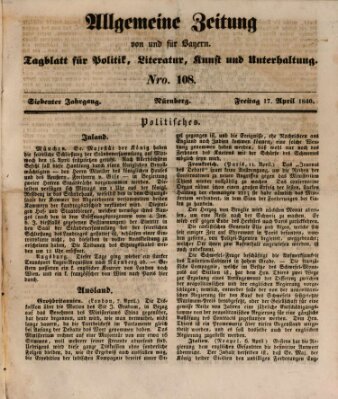 Allgemeine Zeitung von und für Bayern (Fränkischer Kurier) Freitag 17. April 1840