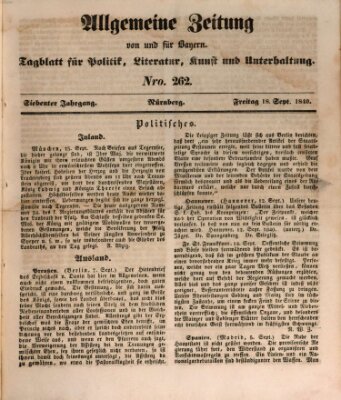 Allgemeine Zeitung von und für Bayern (Fränkischer Kurier) Freitag 18. September 1840