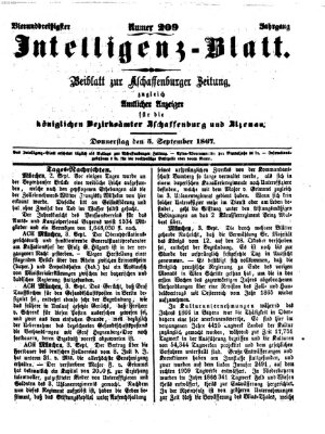 Aschaffenburger Zeitung. Intelligenz-Blatt : Beiblatt zur Aschaffenburger Zeitung ; zugleich amtlicher Anzeiger für die K. Bezirksämter Aschaffenburg, Alzenau und Obernburg (Aschaffenburger Zeitung) Donnerstag 5. September 1867