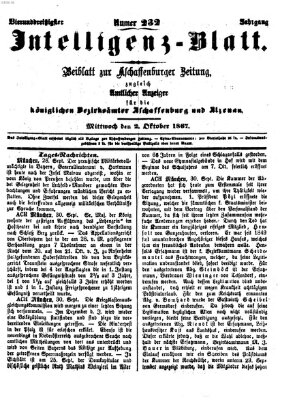 Aschaffenburger Zeitung. Intelligenz-Blatt : Beiblatt zur Aschaffenburger Zeitung ; zugleich amtlicher Anzeiger für die K. Bezirksämter Aschaffenburg, Alzenau und Obernburg (Aschaffenburger Zeitung) Mittwoch 2. Oktober 1867