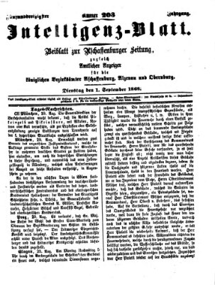 Aschaffenburger Zeitung. Intelligenz-Blatt : Beiblatt zur Aschaffenburger Zeitung ; zugleich amtlicher Anzeiger für die K. Bezirksämter Aschaffenburg, Alzenau und Obernburg (Aschaffenburger Zeitung) Dienstag 1. September 1868