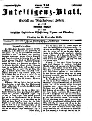 Aschaffenburger Zeitung. Intelligenz-Blatt : Beiblatt zur Aschaffenburger Zeitung ; zugleich amtlicher Anzeiger für die K. Bezirksämter Aschaffenburg, Alzenau und Obernburg (Aschaffenburger Zeitung) Dienstag 15. September 1868