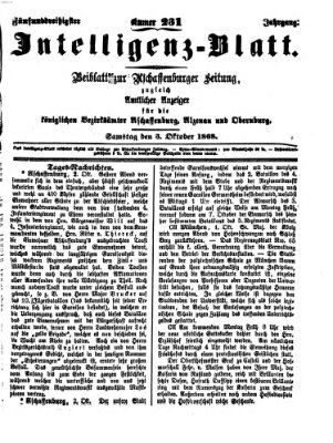 Aschaffenburger Zeitung. Intelligenz-Blatt : Beiblatt zur Aschaffenburger Zeitung ; zugleich amtlicher Anzeiger für die K. Bezirksämter Aschaffenburg, Alzenau und Obernburg (Aschaffenburger Zeitung) Samstag 3. Oktober 1868