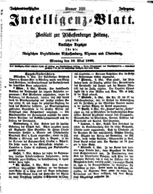 Aschaffenburger Zeitung. Intelligenz-Blatt : Beiblatt zur Aschaffenburger Zeitung ; zugleich amtlicher Anzeiger für die K. Bezirksämter Aschaffenburg, Alzenau und Obernburg (Aschaffenburger Zeitung) Montag 10. Mai 1869