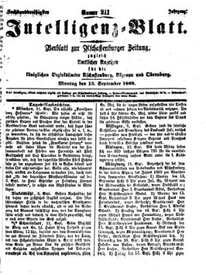 Aschaffenburger Zeitung. Intelligenz-Blatt : Beiblatt zur Aschaffenburger Zeitung ; zugleich amtlicher Anzeiger für die K. Bezirksämter Aschaffenburg, Alzenau und Obernburg (Aschaffenburger Zeitung) Montag 13. September 1869