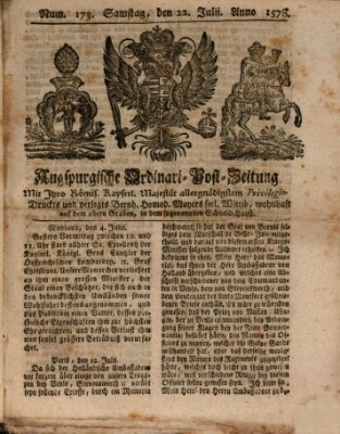 Augspurgische Ordinari-Post-Zeitung (Augsburger Postzeitung) Samstag 22. Juli 1758