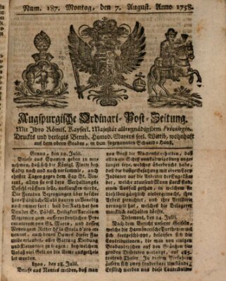 Augspurgische Ordinari-Post-Zeitung (Augsburger Postzeitung) Montag 7. August 1758