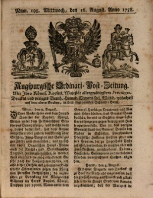 Augspurgische Ordinari-Post-Zeitung (Augsburger Postzeitung) Mittwoch 16. August 1758