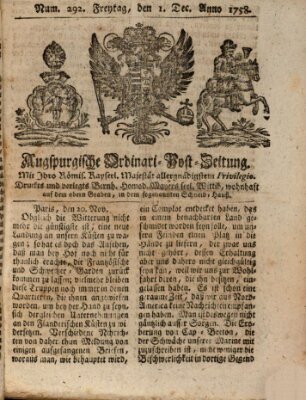 Augspurgische Ordinari-Post-Zeitung (Augsburger Postzeitung) Freitag 1. Dezember 1758