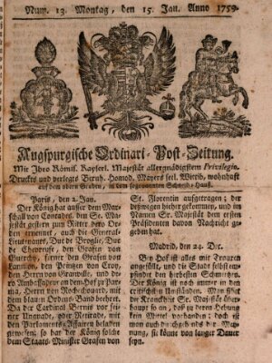 Augspurgische Ordinari-Post-Zeitung (Augsburger Postzeitung) Montag 15. Januar 1759