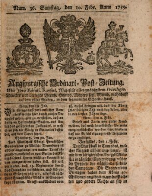 Augspurgische Ordinari-Post-Zeitung (Augsburger Postzeitung) Samstag 10. Februar 1759