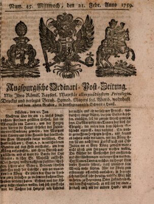 Augspurgische Ordinari-Post-Zeitung (Augsburger Postzeitung) Mittwoch 21. Februar 1759