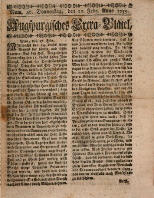 Augspurgische Ordinari-Post-Zeitung (Augsburger Postzeitung) Donnerstag 22. Februar 1759