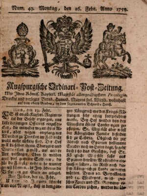 Augspurgische Ordinari-Post-Zeitung (Augsburger Postzeitung) Montag 26. Februar 1759