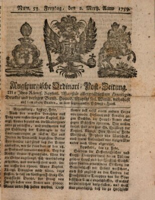 Augspurgische Ordinari-Post-Zeitung (Augsburger Postzeitung) Freitag 2. März 1759