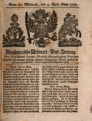 Augspurgische Ordinari-Post-Zeitung (Augsburger Postzeitung) Mittwoch 4. April 1759