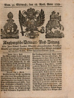 Augspurgische Ordinari-Post-Zeitung (Augsburger Postzeitung) Mittwoch 18. April 1759