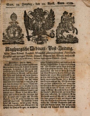 Augspurgische Ordinari-Post-Zeitung (Augsburger Postzeitung) Freitag 20. April 1759