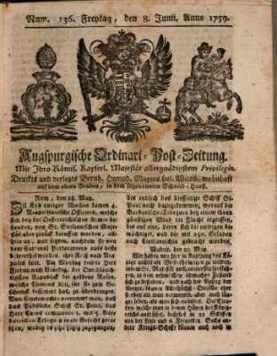 Augspurgische Ordinari-Post-Zeitung (Augsburger Postzeitung) Freitag 8. Juni 1759