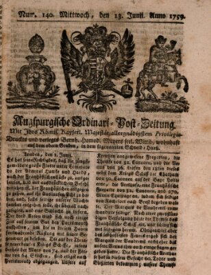 Augspurgische Ordinari-Post-Zeitung (Augsburger Postzeitung) Mittwoch 13. Juni 1759